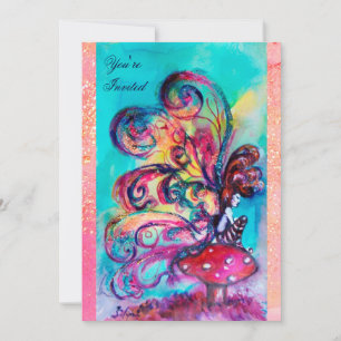 Convites PEQUENO ELF DE COGUMELOS, rosa amarelo azul brilho