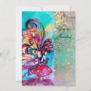 Convites PEQUENO ELF DE COGUMELOS, rosa amarelo azul brilho