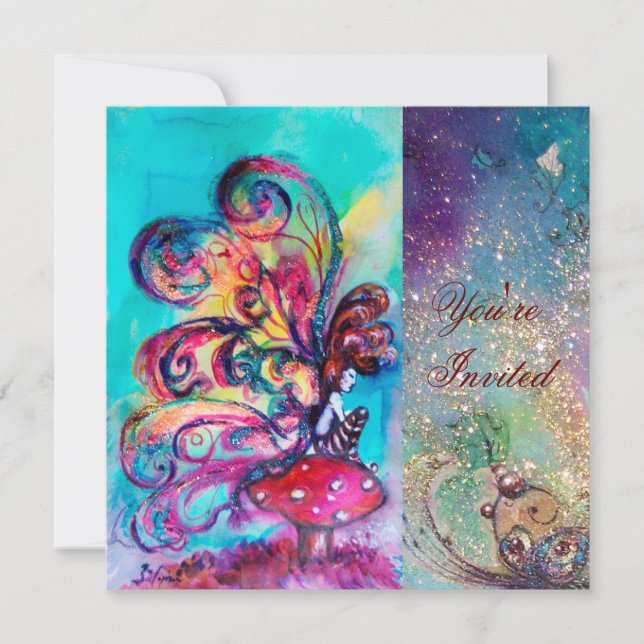 Convites PEQUENO ELF DE COGUMELOS, rosa amarelo azul brilho (Frente)