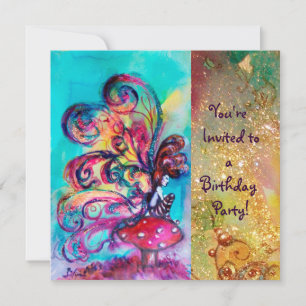 Convites PEQUENO ELF DE COGUMELOS, rosa amarelo azul brilho