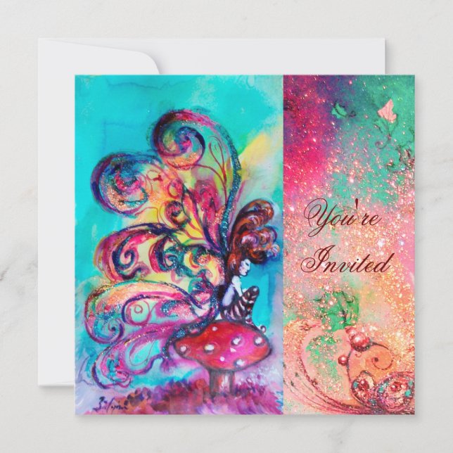 Convites PEQUENO ELF DE COGUMELOS, rosa verde azul brilhant (Frente)