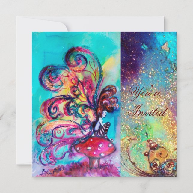 Convites PEQUENO ELF DOS COGUMELOS, brilho azul-rosa azul (Frente)