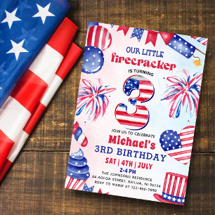 Convites Pequeno Firecracker 4º Festa De aniversário de 3 a