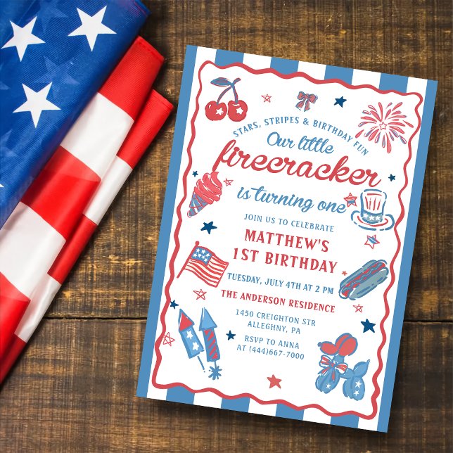 Convites Pequeno Firecracker 4 de julho de primeiro anivers (Criador carregado)