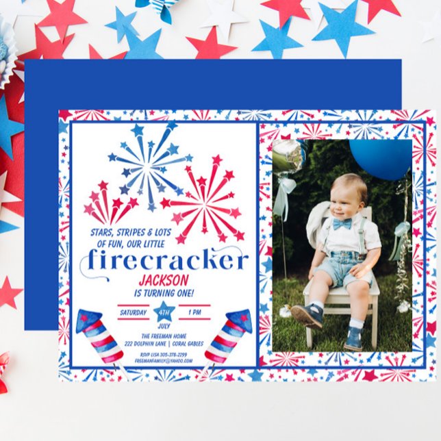 Convites Pequeno Firecracker Red White Foto Azul Aniversári (Criador carregado)