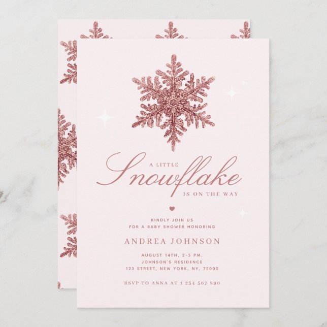 Convites Pequeno Floco de Neve, Chá de fraldas Cinza Rosa (Frente/Verso)