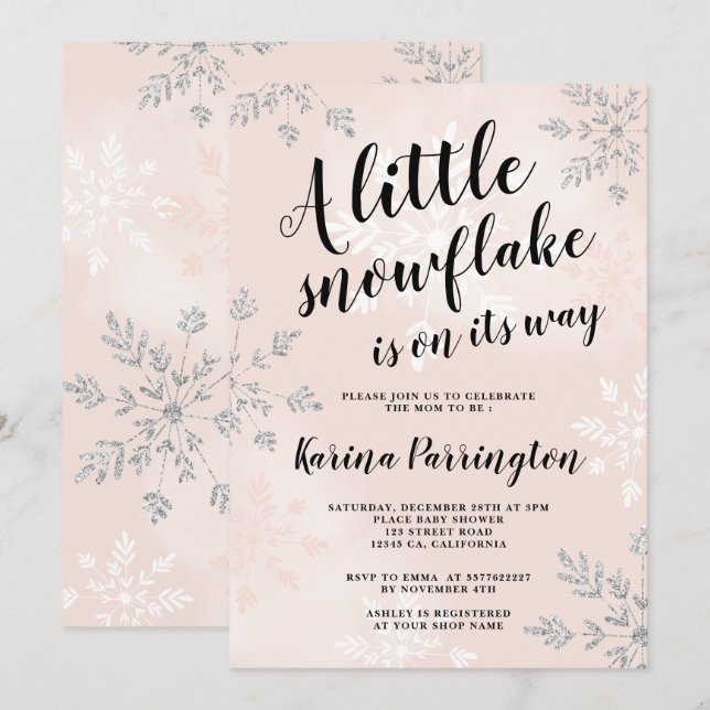 Convites Pequeno floco de neve chá de fraldas de guião rosa (Frente/Verso)