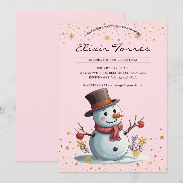 Convites Pequeno Floco de Neve Rosa e Dourado Chá de fralda (Frente/Verso)