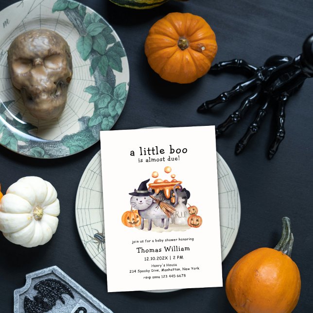 Convites Pequeno Gato De Boo No Chá de fraldas Da Bruxa De  (Little Boo Cat In Hat Witch Brewing Baby Shower Invitation)