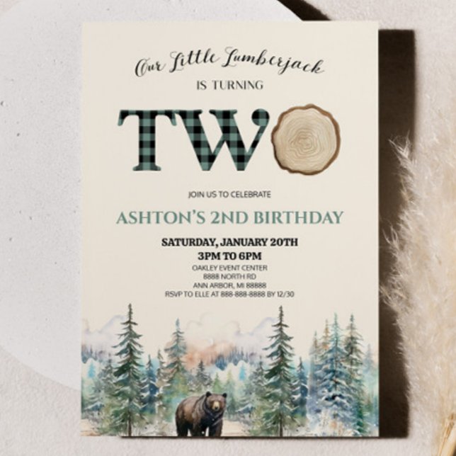 Convites Pequeno Lumberjack Bear Green - Festa de segundo a (Criador carregado)