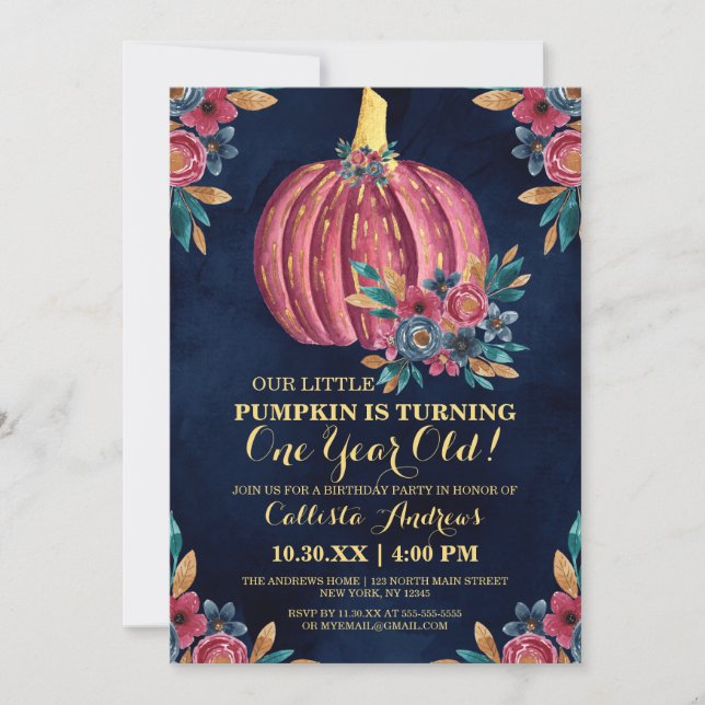 Convites Pequeno Marinho de Abóbora primeiro aniversario Fl (Frente)