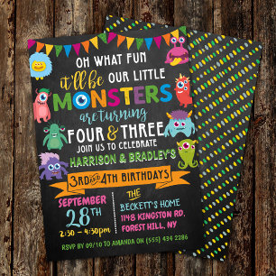 Convites Pequeno Monstro Chalkboard 3º e 4º Aniversário 