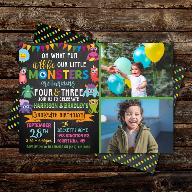 Convites Pequeno Monstro Chalkboard 3º e 4º Aniversário Con (Criador carregado)