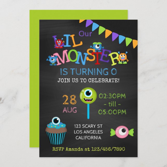 Convites Pequeno monstro qualquer idade Aniversário (Frente/Verso)