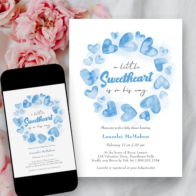 Convites Pequeno Namorados  Azul Chá de fraldas (Little Sweetheart Blue Love Heart Baby Shower Invitation)