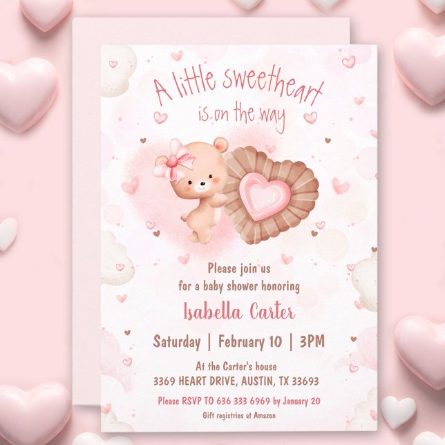 Convites Pequeno Namorados Rosa Chá de fraldas Menina (Little Sweetheart Pink Valentines Girl Baby Shower Invitation)