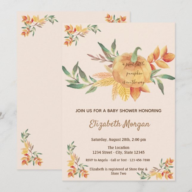 Convites Pequeno Pampkin, deixa Chá de fraldas (Frente/Verso)