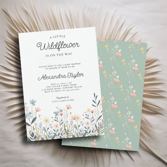Convites Pequeno Pastel de flor silvestre Chá (little wildflower baby girl shower invitation cottage garden watercolor pink teal pastel cute sweet)
