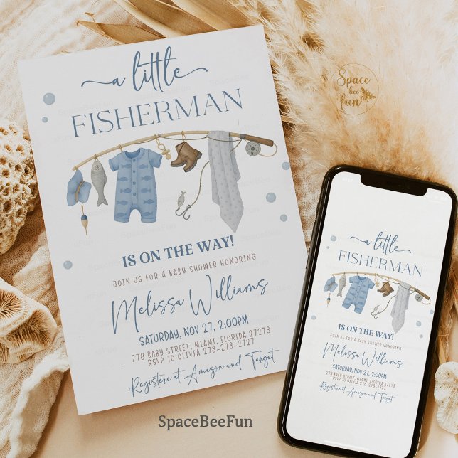 Convites Pequeno Pescador - Chá de fraldas de rolo de pesca (baby shower invitation, fishing baby shower, little fisherman, rustic baby shower, gone fishing them)