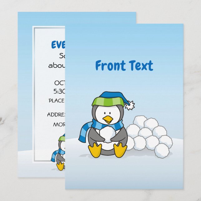 Convites Pequeno pinguim sentado com bolas de neve (Frente/Verso)
