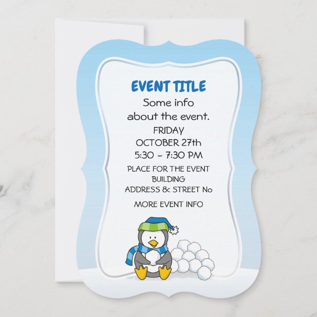 Convites Pequeno pinguim sentado com bolas de neve (Verso)