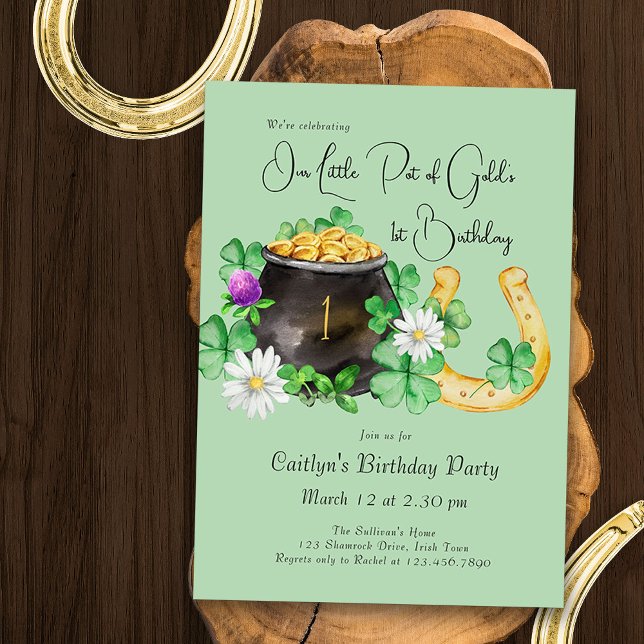 Convites Pequeno Pote da Festa de aniversário de Shamrock i (Irish Theme 1st Birthday Invitation - editable for any age - with pot of gold and lucky horseshoe)