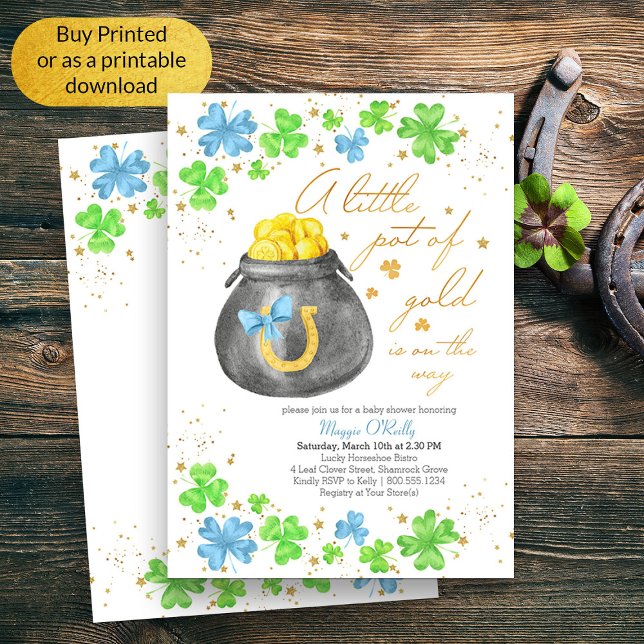 Convites Pequeno Pote do Chá de fraldas azul Dourado de Sha (Boy Baby Shower Lucky Irish Themed Invitation)