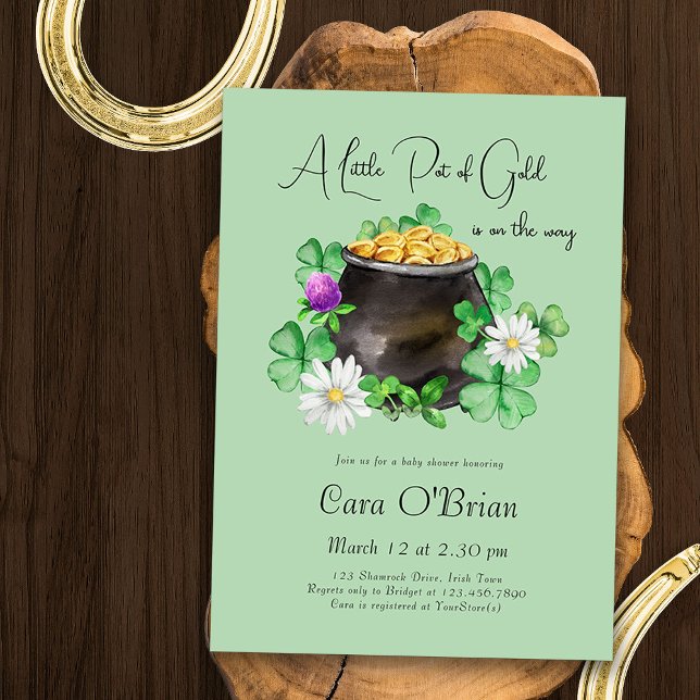 Convites Pequeno Pote do Chá de fraldas de Shamrock irlandê (A Little Pot of Gold is on the Way - Gender Neutral Baby Shower Invite with Lucky Irish theme)