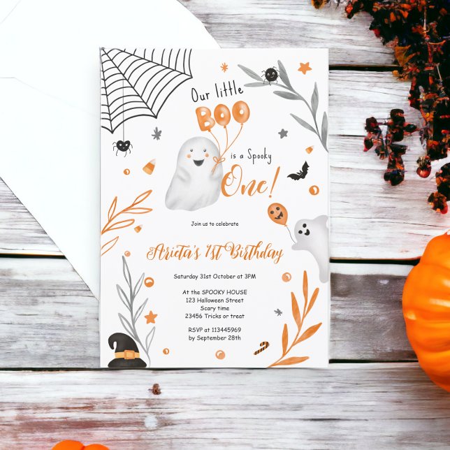 Convites Pequeno primeiro aniversario assustador de Boo Hal (Little Boo Halloween orange spooky 1st birthday Invitation)