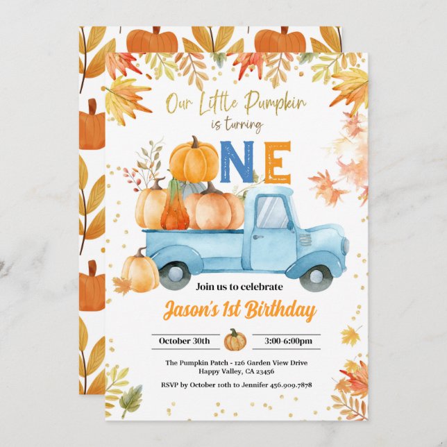 Convites Pequeno primeiro aniversario de Abóbora Menino Cam (Frente/Verso)