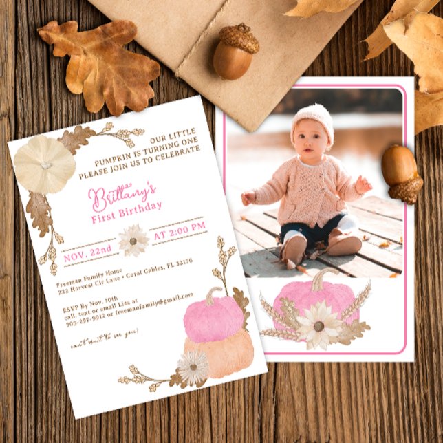 Convites Pequeno primeiro aniversario de Abóbora Rosa Convi (Pink Pumpkin - Our little pumpkin birthday party invitation)
