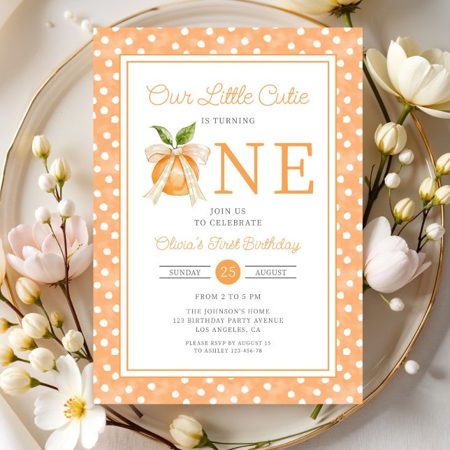 Convites Pequeno primeiro aniversario de Citros de Laranja  (Cute Little Cutie Orange Citrus 1st Birthday Invitation)