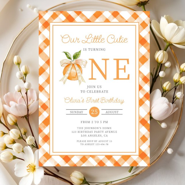 Convites Pequeno primeiro aniversario de Citros de Laranja  (Little Cutie Orange Citrus 1st Birthday Invitation)