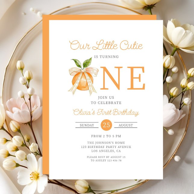 Convites Pequeno primeiro aniversario de Citros Laranja Mod (Modern Little Cutie Orange Citrus 1st Birthday Invitation)