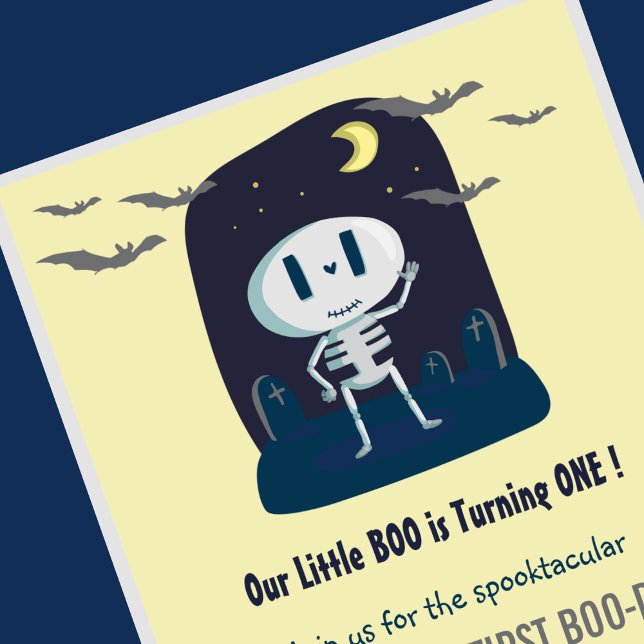 Convites Pequeno primeiro aniversario de Dia das Bruxas Bon (Halloween-1st-Birthday-Invitation-Little boo-Yellow-skull-Cute-1)