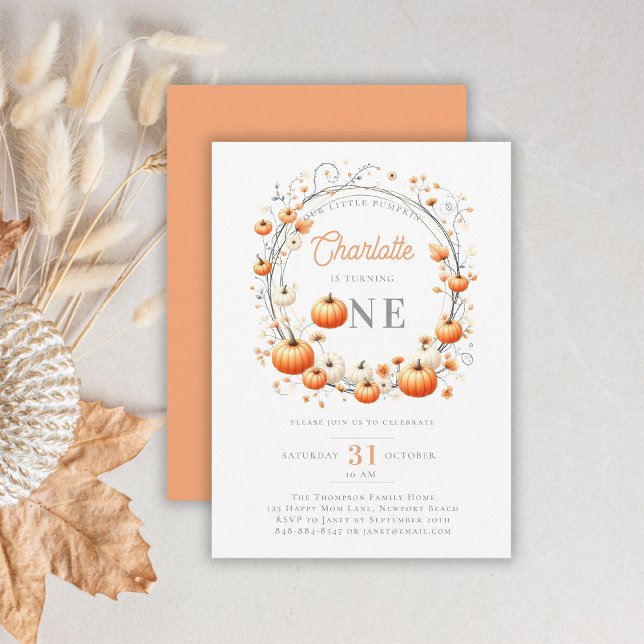 Convites Pequeno primeiro aniversario de Garota do Pumpkin  (pumpkin 1st birthday invitation girl botanical floral frame watercolor girly cute adorable feminine)