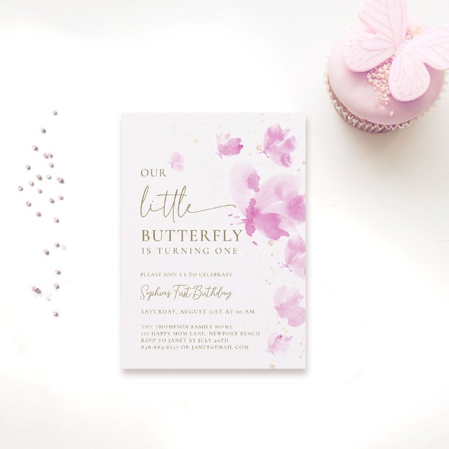 Convites Pequeno primeiro aniversario de Orçamento Rosa-Bor (butterfly themed 1st birthday invitation girls pink watercolor one year fluttered by budget)