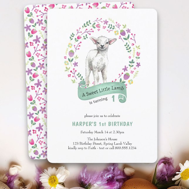 Convites Pequeno primeiro aniversario de Primavera (A Sweet Little Lamb birthday invitation - perfect for spring or easter)