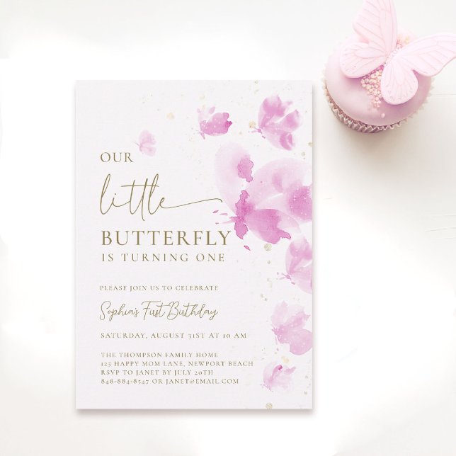 Convites Pequeno primeiro aniversario de tema branco rosa-b (butterfly themed 1st birthday invitation girls pink purple blush watercolor one year fluttered by)