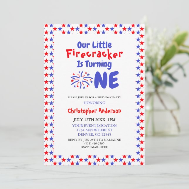 Convites Pequeno primeiro aniversario Firecracker (Em pé/Frente)