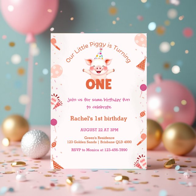 Convites Pequeno primeiro aniversario Piggy | Tema da Barny (Cute Little Piggy 1st Birthday _ Farm Barnyard Theme Invitation)