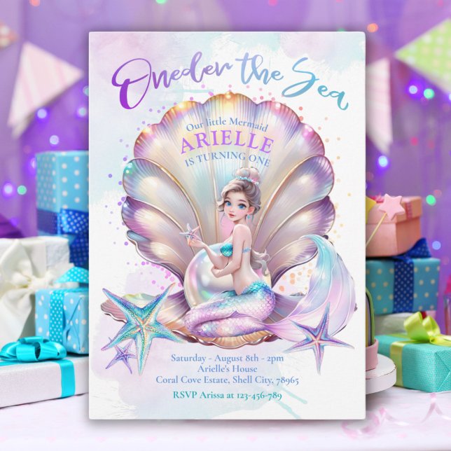 Convites Pequeno primeiro aniversario Sereia Um Dobra A Ser (Little Mermaid 1st Birthday ONEder The Sea Mermaid Invitation)