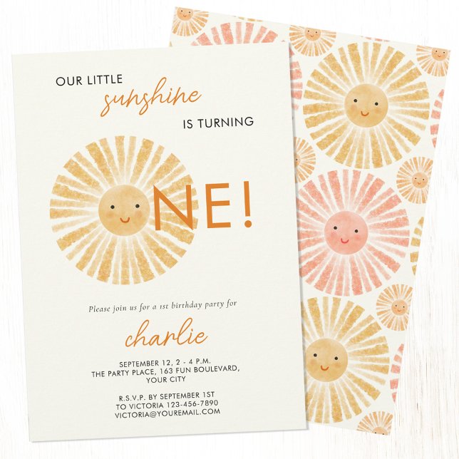 Convites Pequeno primeiro aniversario Sol (Our little sunshine is turning one. Personalized happy waterolor sun first 1st birthday party invite)