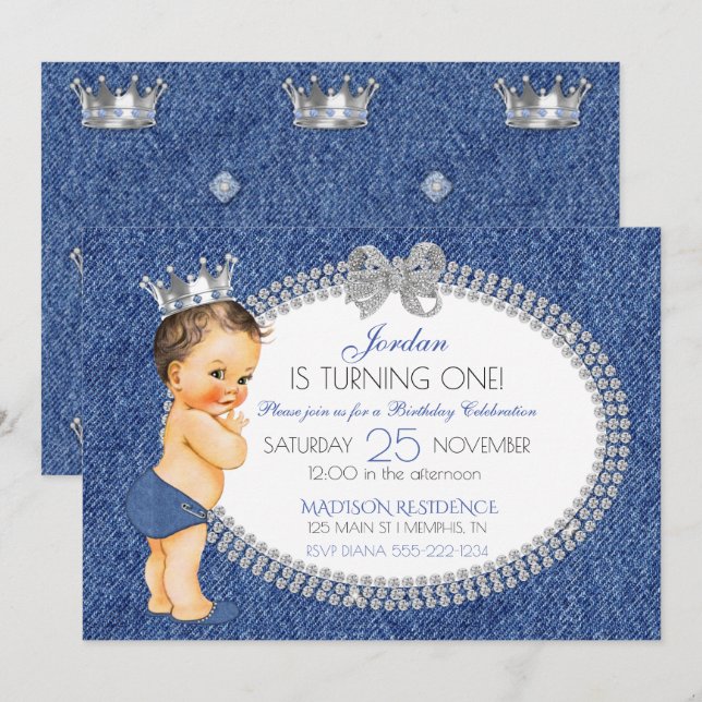 Convites Pequeno Príncipe Denim & Diamantes Coroa Fralda (Frente/Verso)