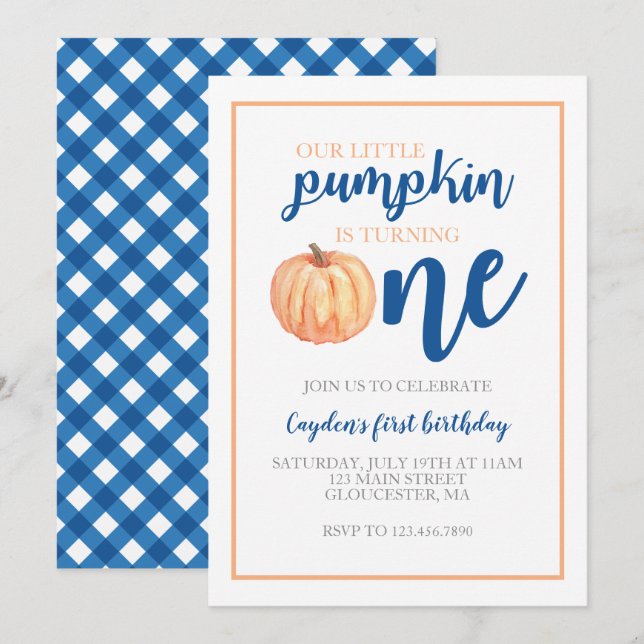 Convites Pequeno Pumpkin Azul Cai Primeiro Aniversário (Frente/Verso)