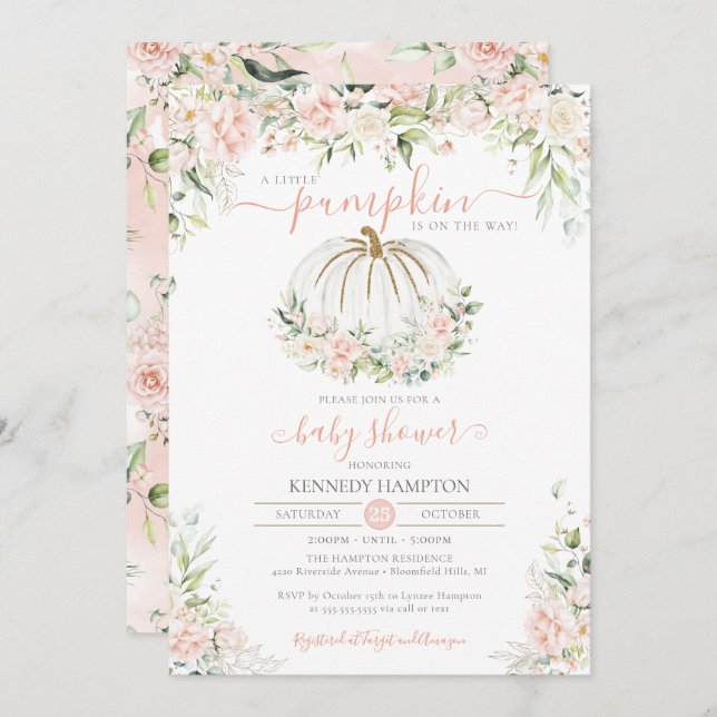 Convites Pequeno Pumpkin Blush Cor-de-rosa Chá de fraldas (Frente/Verso)