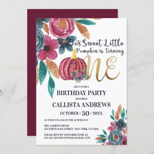 Convites Pequeno Pumpkin Cai Dourado primeiro aniversario F