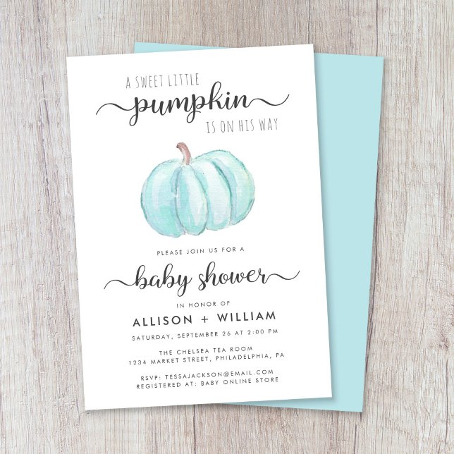 Convites Pequeno Pumpkin Casais de Aquarela Chá Baby Boy (Celebrate the upcoming arrival of your autumn baby boy with a pumpkin-themed couples baby shower)