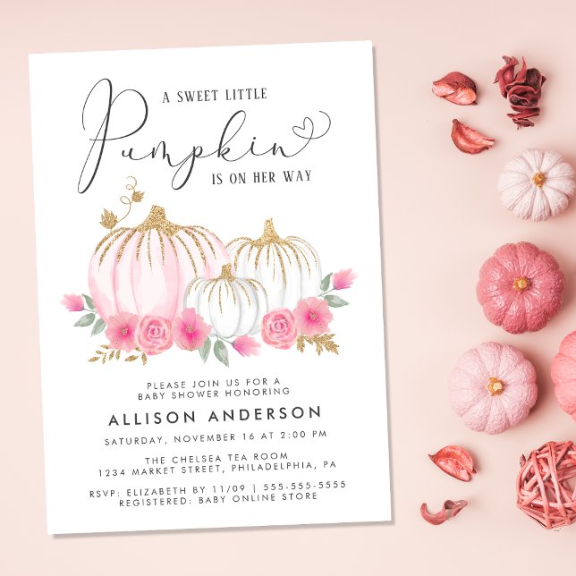 Convites Pequeno Pumpkin Floral Watercolor Chá (Celebrate the upcoming arrival of your sweet little autumn baby with a pumpkin-themed baby shower)
