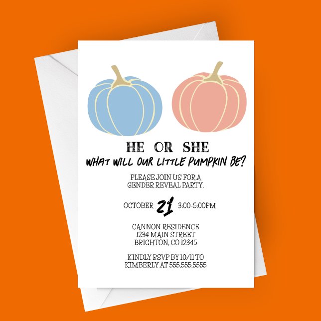 Convites Pequeno Pumpkin Halloween Gênero Festa de Revelaçã (Little Pumpkin Gender Reveal Party Invitation, Halloween Themed with Solid Blue and Pink Pumpkins)